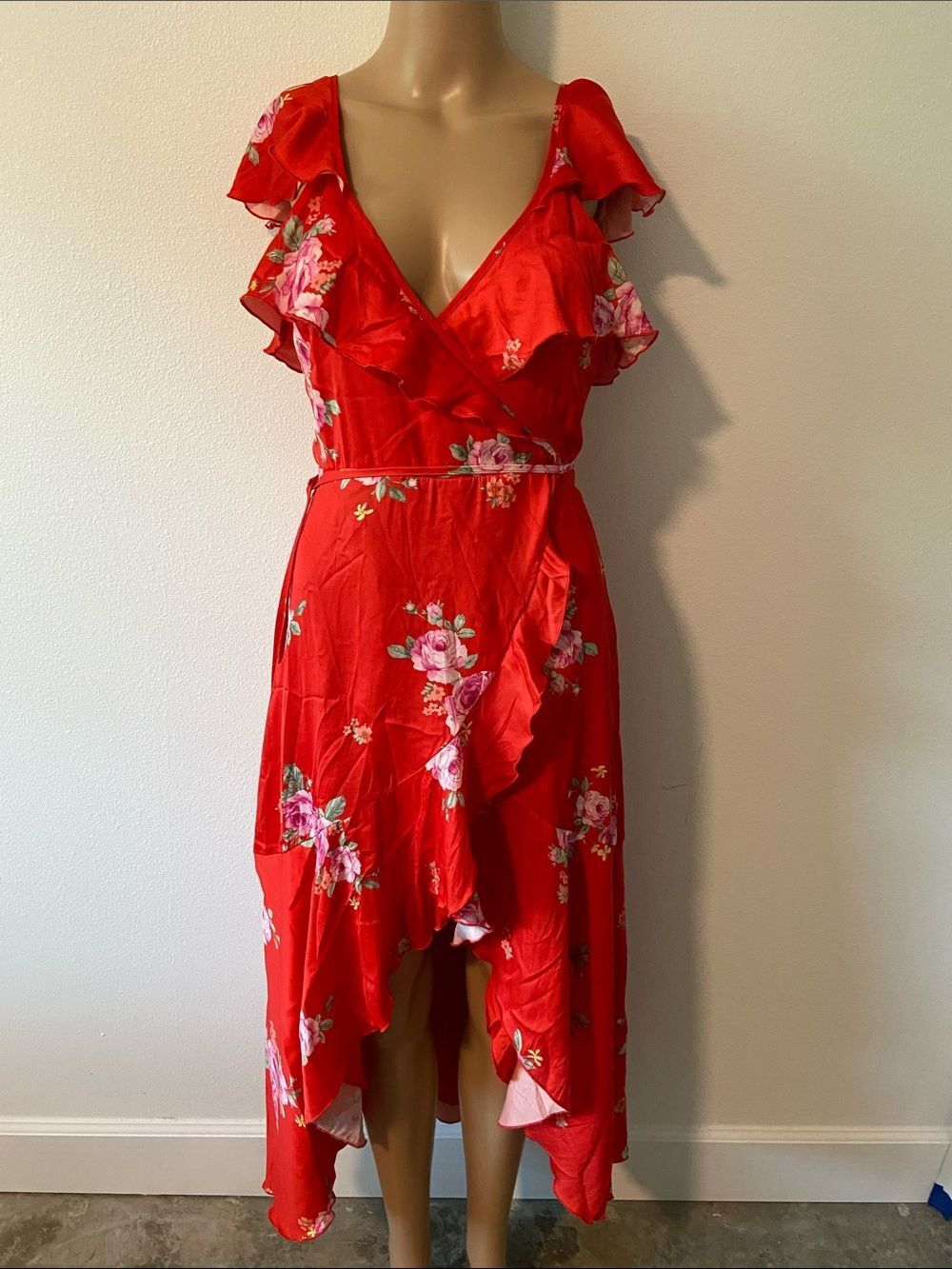 Altar'd State Red Floral High-Low Wrap Dress Sz S